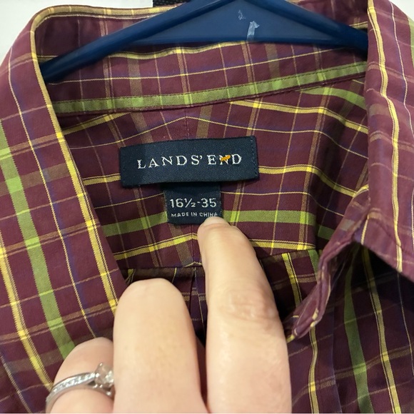 Lands' End Men's Casual Plaid Shirt - Burgundy, gold and green 16.5/35 - Picture 2 of 4